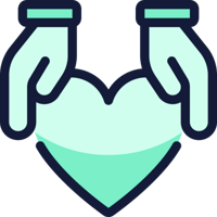 A simple black outline graphic of hands surrounding a heart with a mint colour.