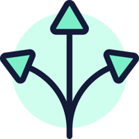 A simple black outline graphic of three arrows facing different directions with a mint colour.