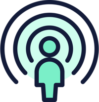 A simple black outline graphic of a person with circles around them with a mint colour