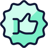 A simple black outline graphic of a thumbs up within a scalloped circle with a mint colour.