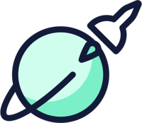 A simple black outline graphic of a planet with a rocket circling it in a mint colour.